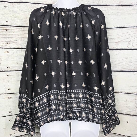 Cato Black Boho Border Print Peasant Top Medium - Picture 6 of 9